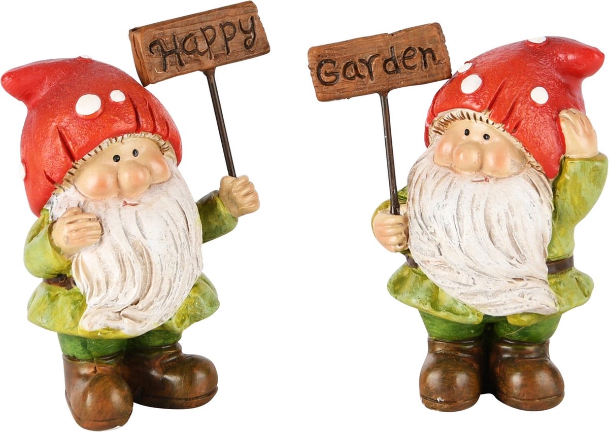 Dekoratief | Tuinkabouter 'Happy Garden', groen/rood, resina, 6x3x8cm, set van 2 stuks | A245148