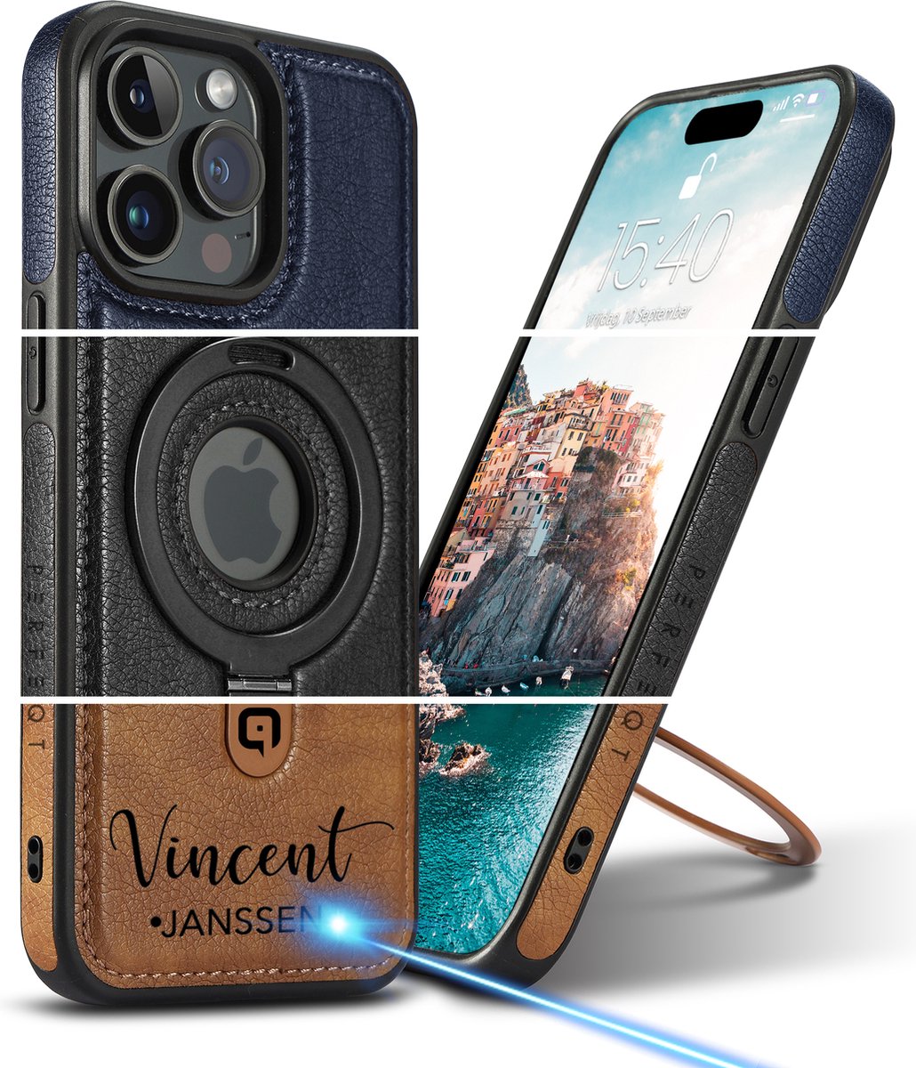Gepersonaliseerde Perfeqt hoesje geschikt voor iPhone 14 leren BackCover met Kickstand & Keyring houder - opdruk Tekst Logo