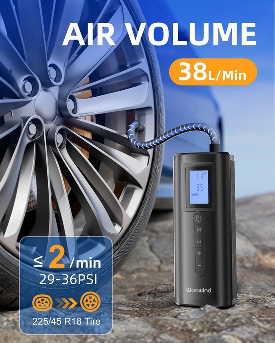 JF.EGWO F85 Portable Air Compressor for Car Tyres, 300 PSI/20 Bar, 30000 mAh, Car Tire Air Pump, 18W Fast Charge, LCD Display, Digital Tire Pressure Gauge, Wireless (Black