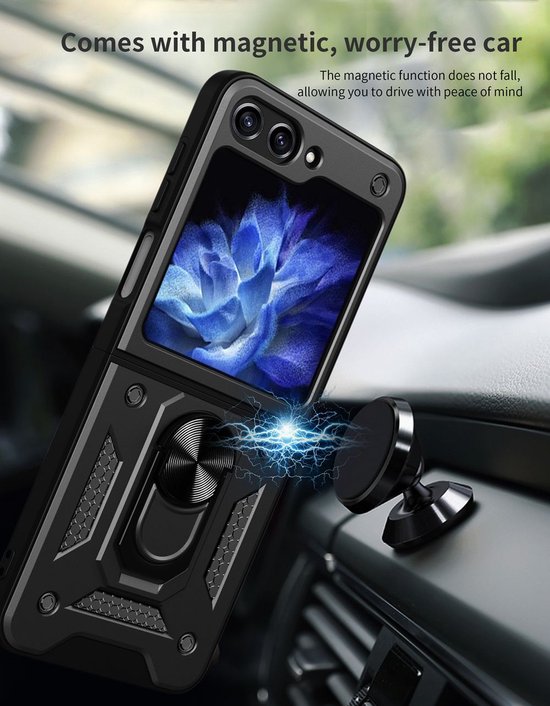 Zwart pantser telefoonhoesje met draaibare ring, magnetisch bevestigd in een auto.
