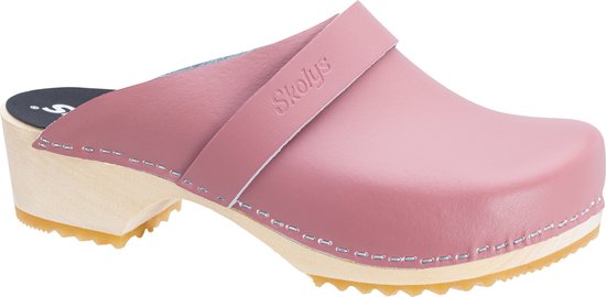 Rechter pastelroze Skolys klomp met leren bandje, houten zool en rubberen zool.