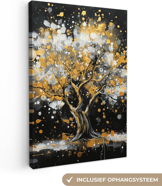 Peinture sur toile 80x120 cm - Décoration murale Arbre - Zwart - Or - Wit - Moderne - Décoration murale murale salon - Décoration chambre - Accessoires de chambre - Peintures