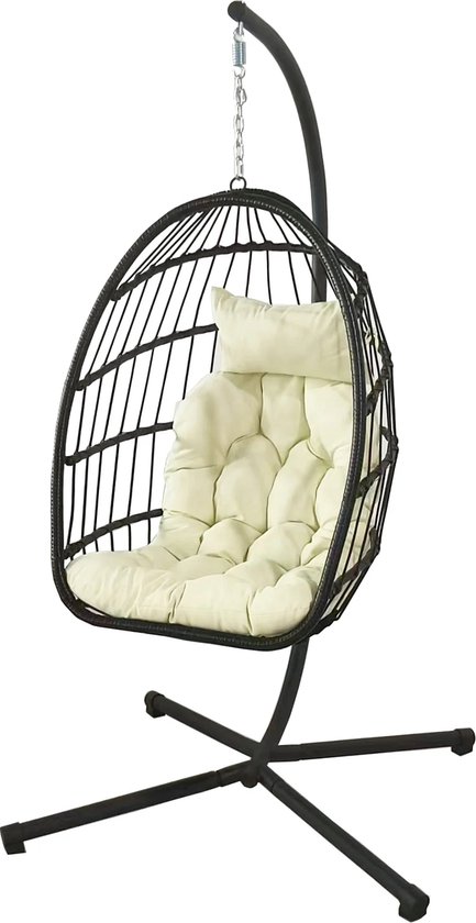 Inklapbare hangstoel egg chair - zwart - beige kussens