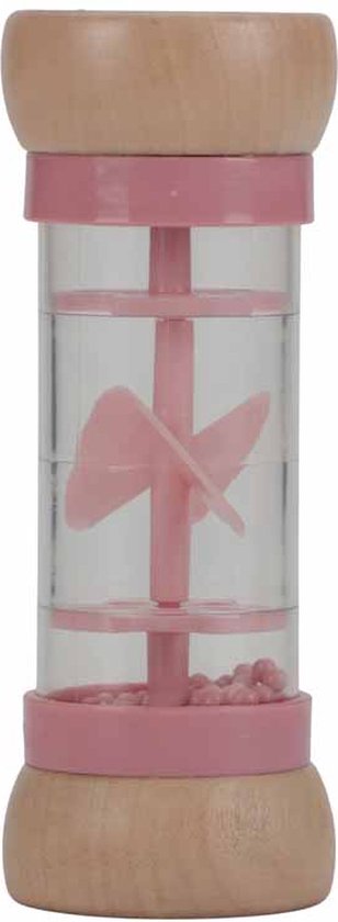 Roze regenrammelaar met houten uiteinden en een roze propeller binnenin.