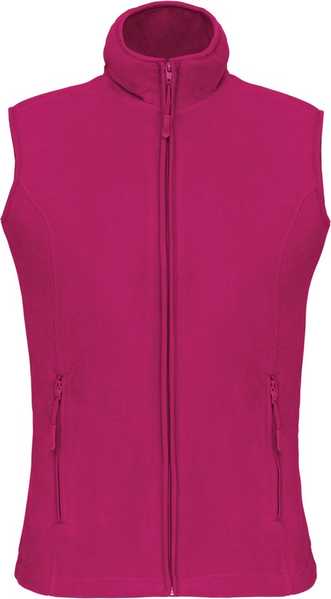 Fuchsia dames bodywarmer van microfleece met opstaande kraag en rits. Twee ritszakken aan de zijkant.