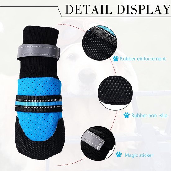 Ewolee Schoenen, waterdichte laarzen voor gewonde poten, set van 4 wandelschoenen, pootbeschermers met verstelbare reflecterende bandjes en antislipzool voor kleine, middelgrote en grote honden (blauw