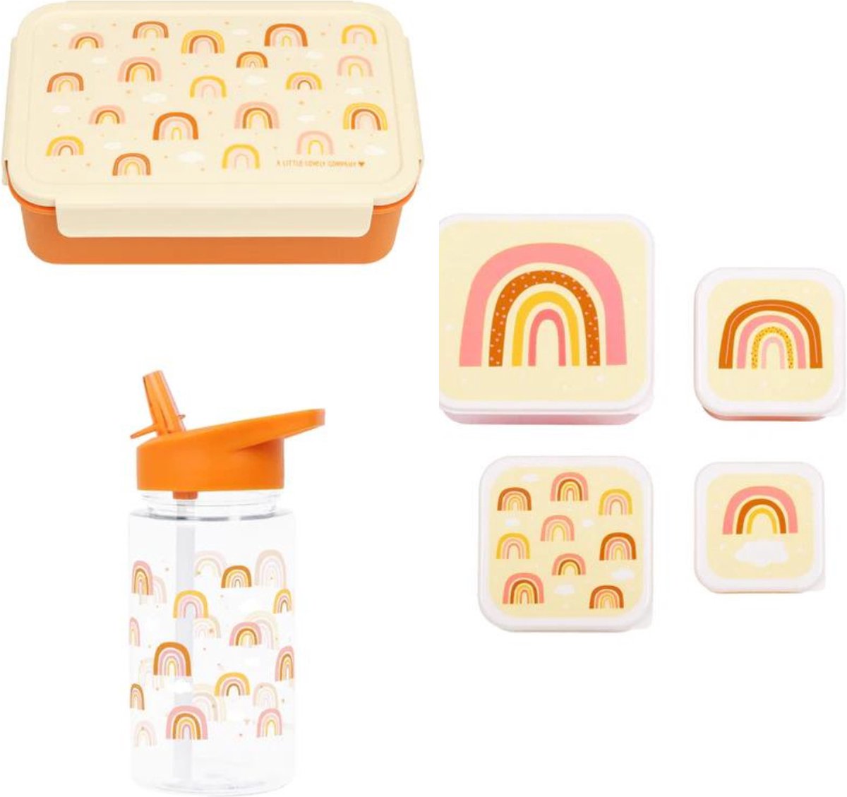 A Little Lovely Company Back to school set Drinkfles 4 Snackdozen Bentobox Regenbogen