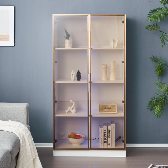 Sweiko Vitrine en verre Witte avec éclairage LED 16 couleurs, Vitrine à étagère mobile à double porte, 80 * 40 * 160 cm, armoire haute de salon, vitrine verticale, armoire de salle de bain