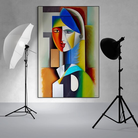 JJ-Art (Glas) 120x80 | Femme cubisme abstrait dans le style Picasso - art - salon - chambre | bleu, marron, rouge, jaune, vert, moderne | Foto-schilderij-glasschilderij-acrylglas-acrylaat-wanddecoratie | CHOISISSEZ VOTRE TAILLE