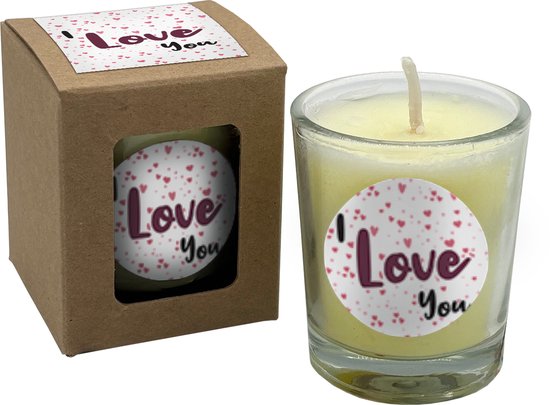 Wenskaarsje met bedeltje - I Love You - Craft Doosje - Geurkaarsje in geschenkdoosje - met labeltje - vanille - sojawax