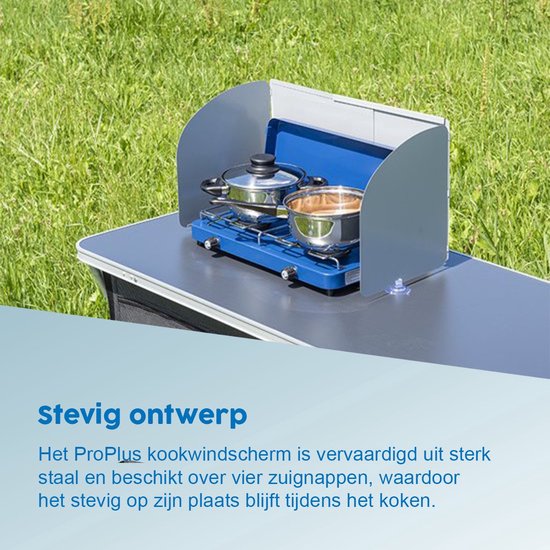 ProPlus Windvrij Kookscherm - 62x24cm - 3 delig - Staal - Inclusief zuignappen - Anti-spatscherm - Vlambeveiligers - Campingscherm - Gasbrandschild - Warmtebeheerscherm - Buitenkeuken - Campingaccessoires van ProPlus — afbeelding 2