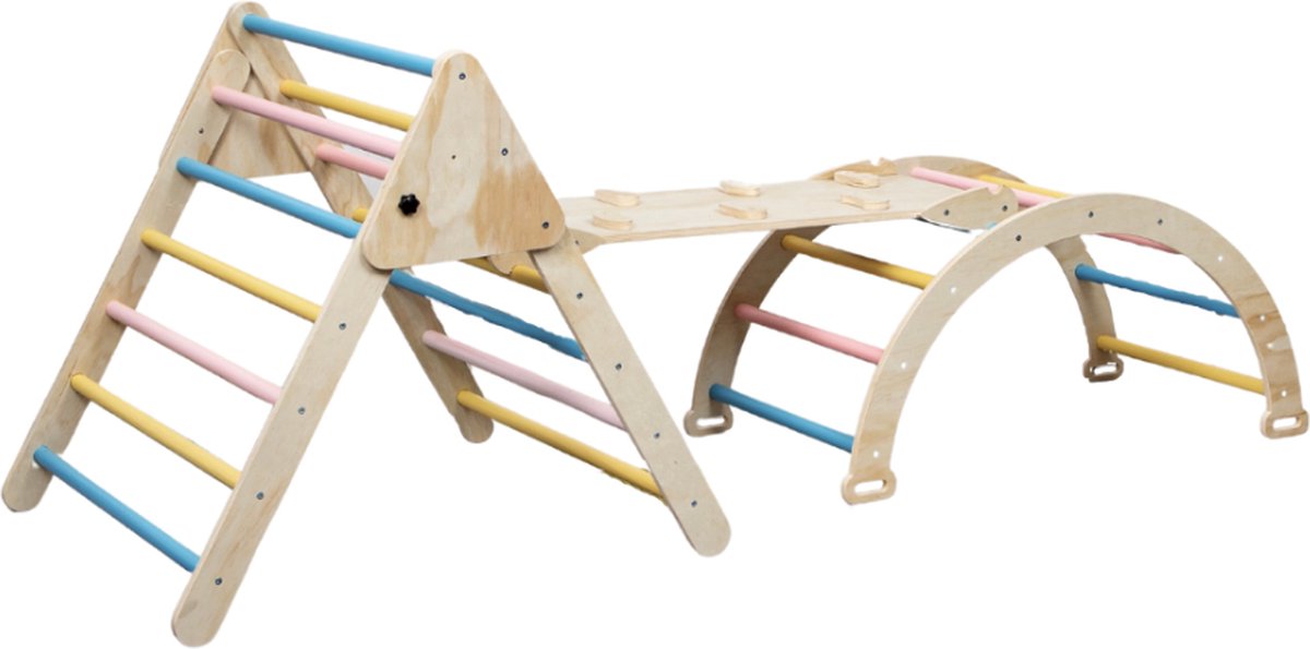 Buxibo XXL Klimrek - Opvouwbare Driehoek + Klimboog + Helling met Glijbaan - Montessori Meubels Houten Speelgym - Pastel - 210x83x81cm