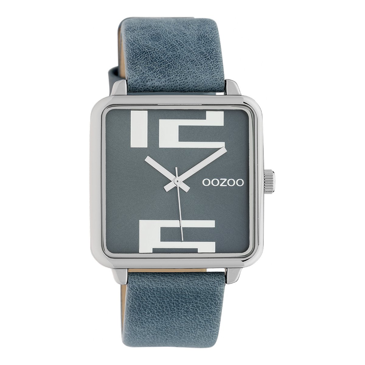 OOZOO Timepieces - Zilverkleurige horloge met donker blauwe leren band - C10361