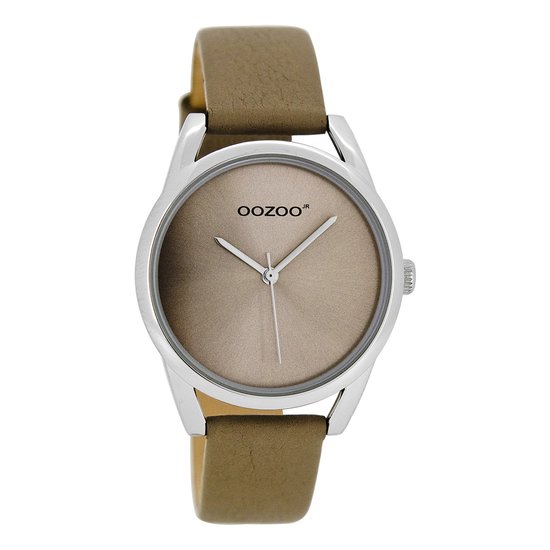 OOZOO Timepieces - Zilverkleurige horloge met taupe leren band - JR292