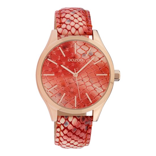 OOZOO Timepieces - Rosé goudkleurige horloge met rode leren band - C10431