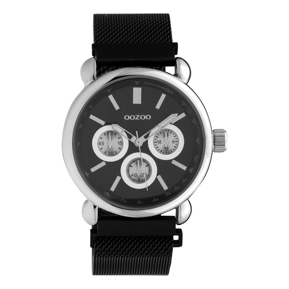 OOZOO Timepieces - Zilverkleurige horloge met zwarte metalen mesh armband - C10696