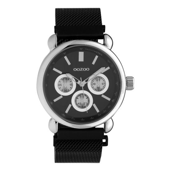OOZOO Timepieces - Zilverkleurige horloge met zwarte metalen mesh armband - C10696