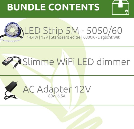 Slimme LED strip | Complete Set | 5Mtr | IP20 | 5050/60 | 12V | 6000K