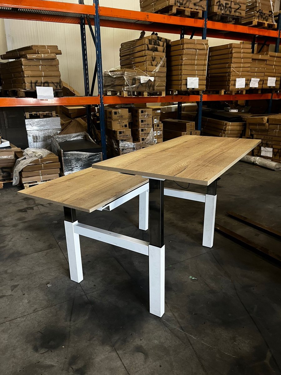 Elite - duo bureau - duo zit sta bureau - zit sta bureau duo - duo werkplek - wit onderstel - bruin eiken - 180 x 80 cm-- blad- onderstel- x80