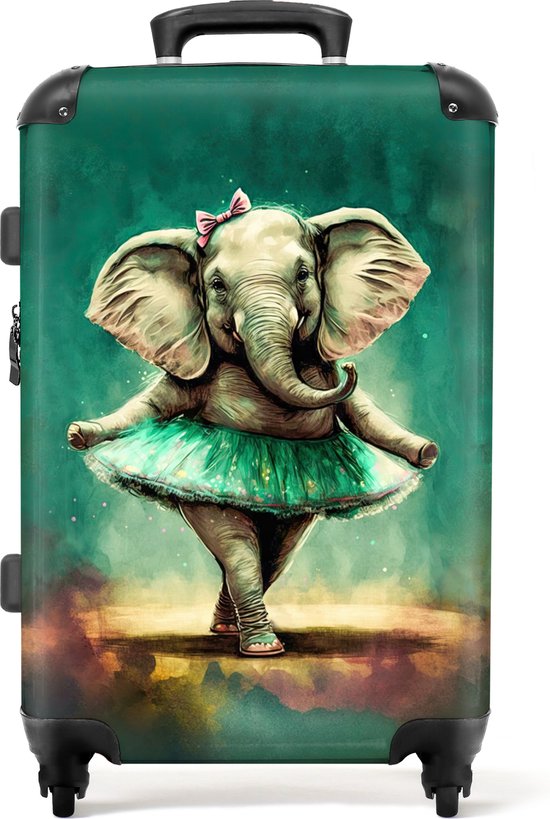 Donkergroene koffer met de print van een dansende olifant met roze strik en tule rokje.