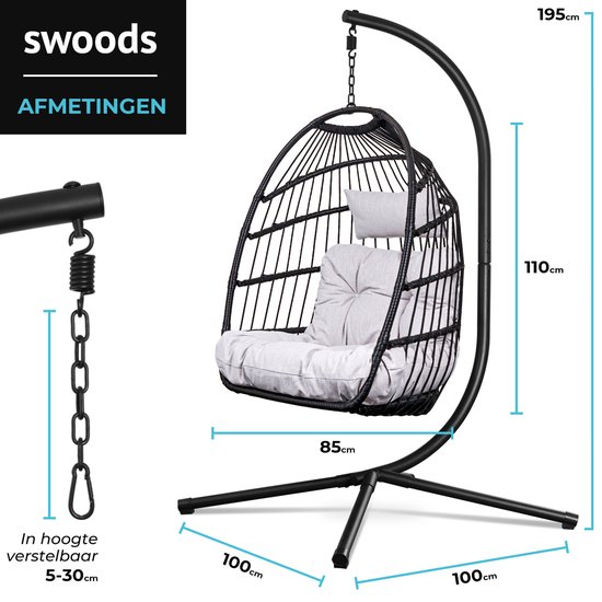 Swoods Egg Hangstoel – Hangstoel met standaard – Egg Chair – tot 150kg – Zwart/Lichtgrijs
