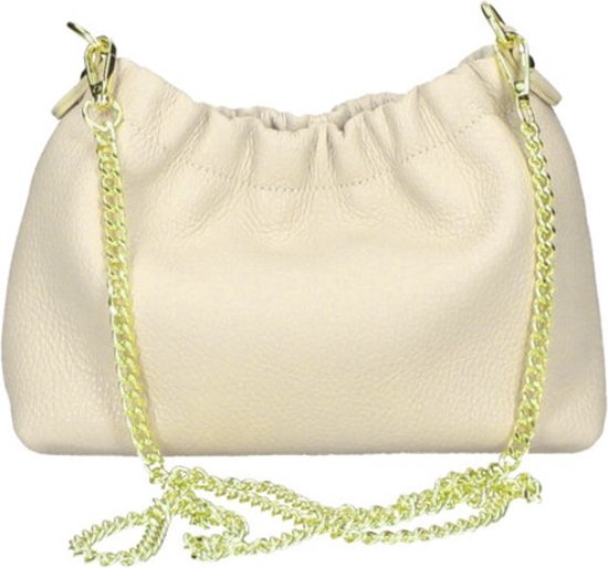 Sac à bandoulière en cuir beige avec poignée en chaîne dorée