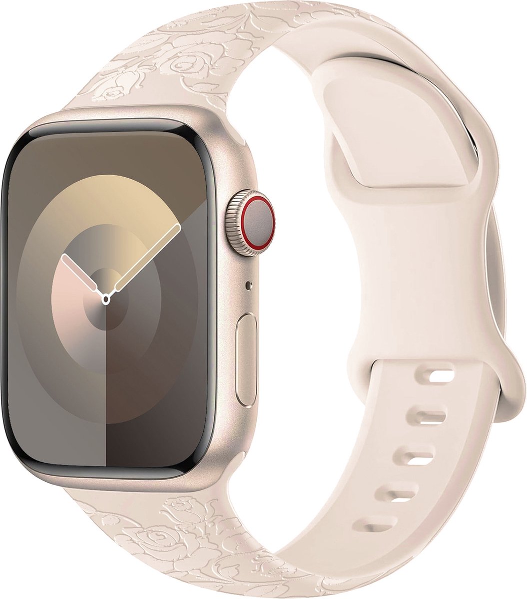 By Qubix - Geschikt voor Apple Watch bandje - Siliconen bandje Rozen Print - Starlight / sterrenlicht - Geschikt voor Apple Watch 38mm / 40mm / 41mm / 42mm - Smartwatch bandje