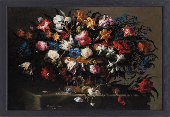 Kleine mand met bloemen - Juan de Arellano portret - Bloemen schilderijen - Muurdecoratie Natuur - Muurdecoratie modern - Muurdecoratie canvas met baklijst - Woonkamer decoratie canvas met baklijst 90x60 cm
