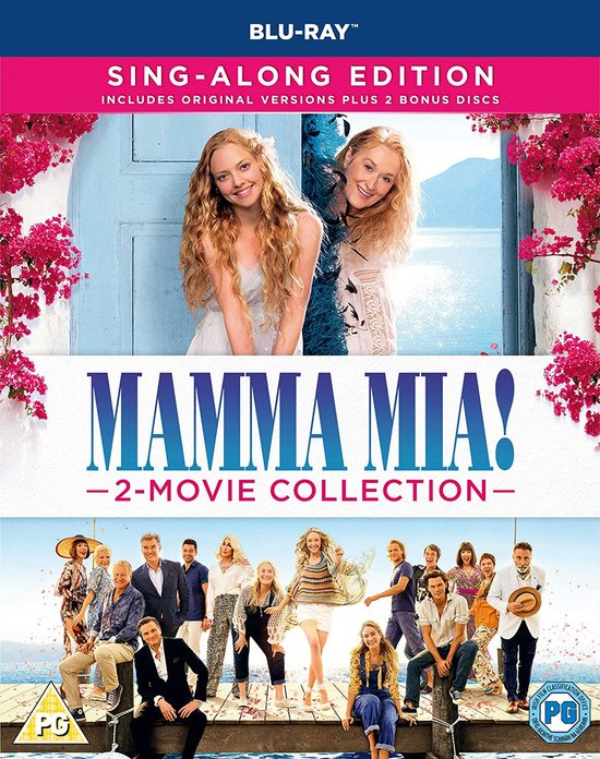 Mamma Mia! 2-Movie Collection Blu-ray hoes met op de voorkant twee posters: twee lachende vrouwen in zachte kleuren jurken, en een groep mensen op een pier.