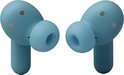 Twee blauwe oordopjes, voorkant met luidsprekergaas en linker/rechter markering.