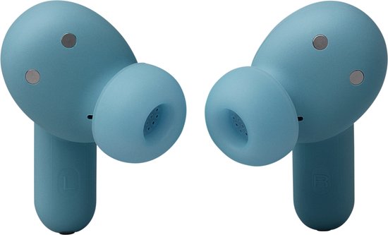 Twee blauwe oordopjes, voorkant met luidsprekergaas en linker/rechter markering.