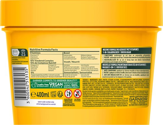 Arrière du masque capillaire Garnier Fructis Hair Food avec ingrédients, instructions d'utilisation et 97% d'origine naturelle.