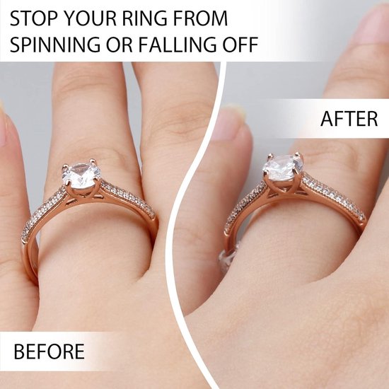Ringmaat regelaar voor losse ringen - 4 maten 12 stuks onzichtbare ringmaat verkleiner met schaar - transparante ringmaat strakker ring Snuggies passen verschillende ringen, Siliconen