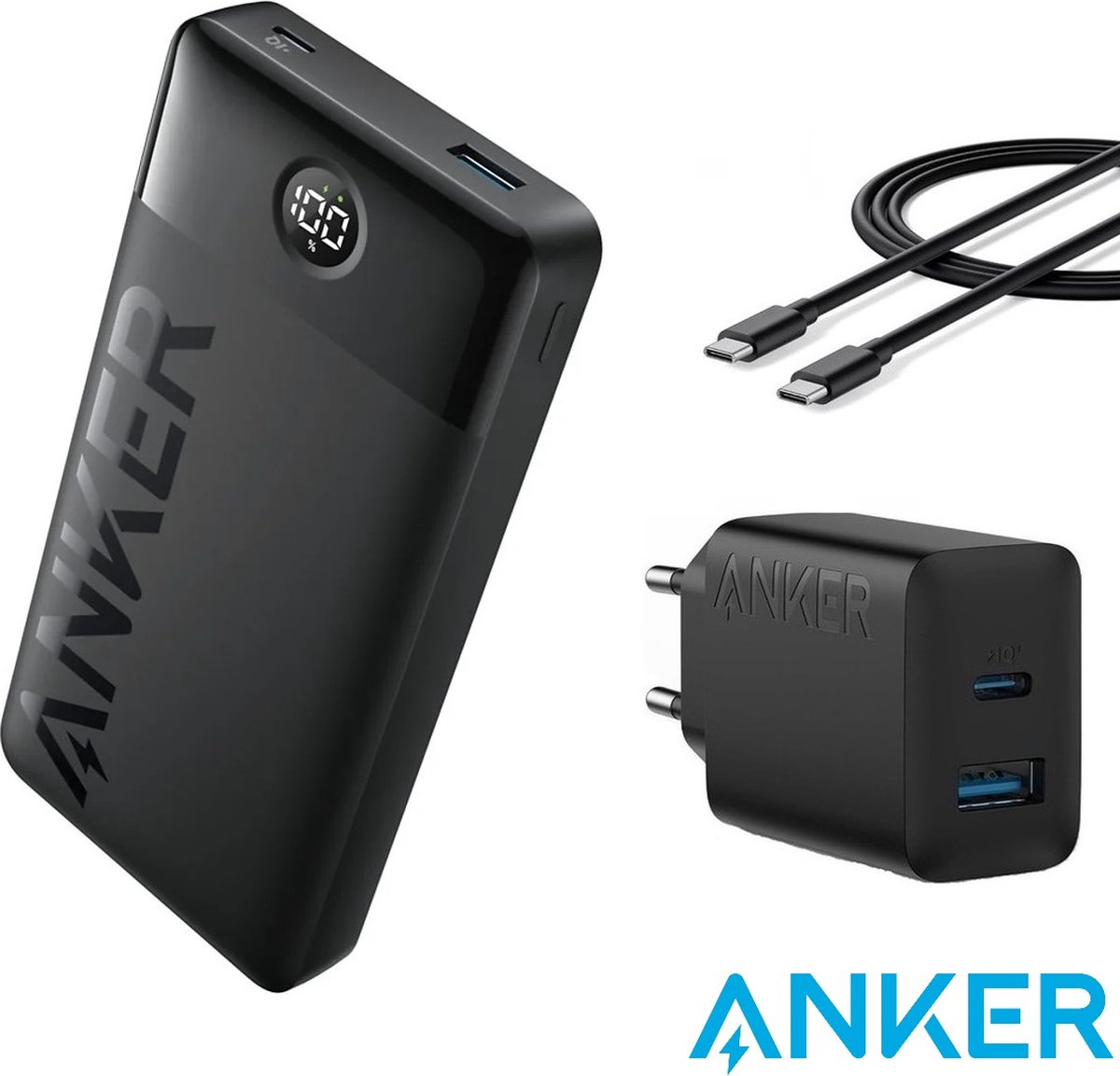 Anker PowerCore Powerbank 20.000 mAh met display - Zwart - 15W - USB-A en USB-C + Anker 20W sneloplader 2-port inclusief USB-C kabel 15M - Voordeelbundel