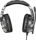 Grijze gaming headset met camouflagepatroon, zwart hoofdband en oorkussens, met een flexibele microfoon.