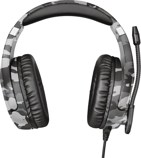 Grijze gaming headset met camouflagepatroon, zwart hoofdband en oorkussens, met een flexibele microfoon.