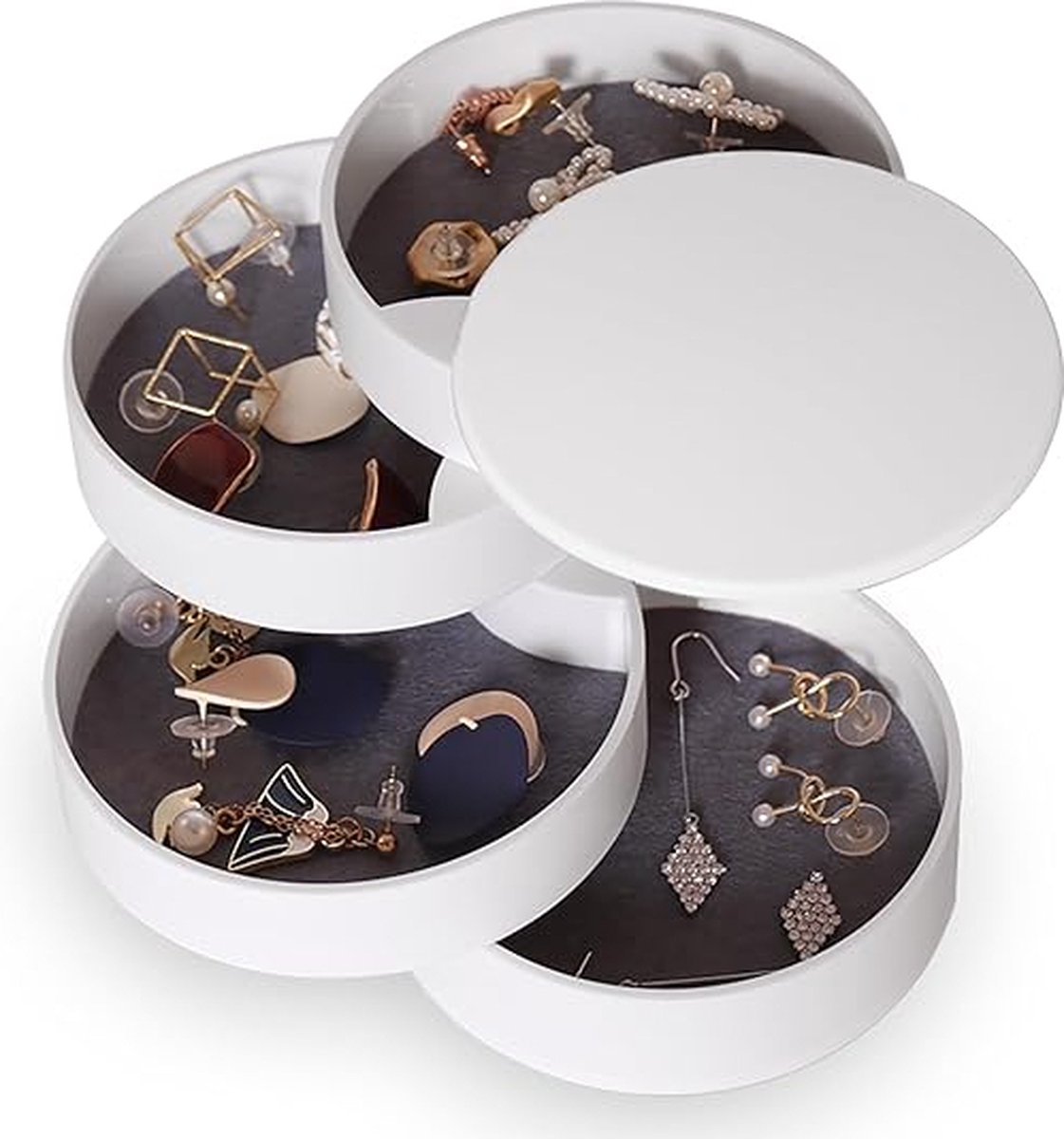 Sieraden Organizer - Kleine Sieraden Opbergdoos Oorbellenhouder voor Vrouwen - 5-Lagen Draaibare Reissieradendoos met Deksel voor Armbanden en Ringen - Wit