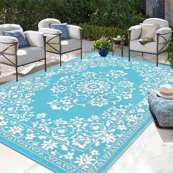 Tapis d'extérieur pour terrasse imperméable 150 x 210 cm - Tapis réversible en osier plastique - Tapis de pique-nique pliable portable - Camping-car Patio Jardin Plage - Tapis Enyhom