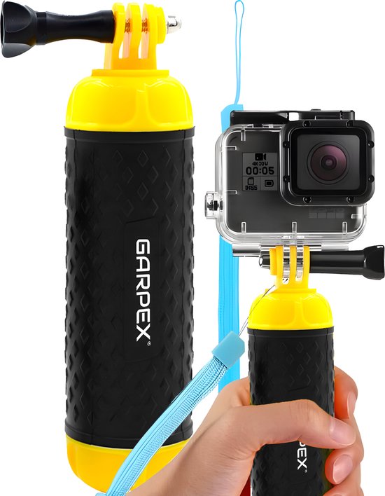 Garpex® Drijvende Handgrip - Drijvend Statief - Universeel - Bobber zwart met geel - Geschikt voor alle action camera's - Inclusief verstelbare polsband en duimschroef
