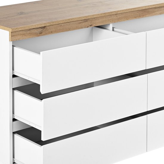 Sweiko Commode à 6 tiroirs, coffre-fort, Fonction de rangement, pour Chambre et salon, Aggloméré E1, Wit et chêne