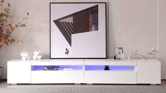 Sweiko Witte Moderne TV kast, Helder paneel, variabele LED verlichting, Woon-en eetkamer 240cm (Glanzend paneel, Niet hoogglans)