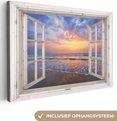 Doorkijk schilderij - Zonsondergang - Zee - Strand - Branding - Wolken - Canvas doorkijk - Wanddecoratie - 180x120 cm