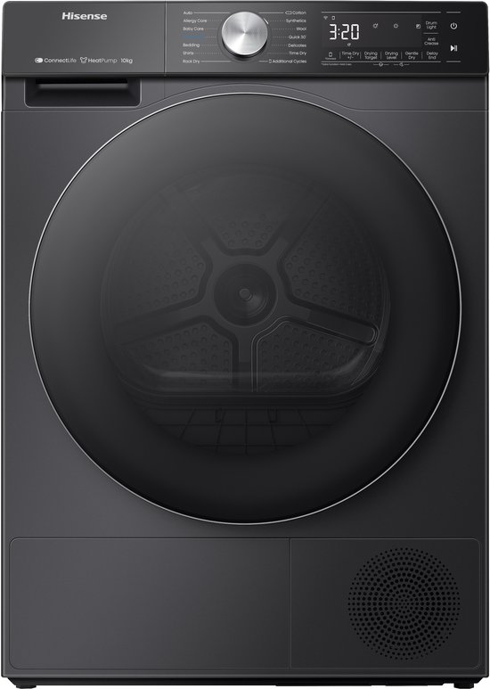 Zwarte Hisense warmtepompdroger met 10kg capaciteit, digitaal display en grote glazen deur.