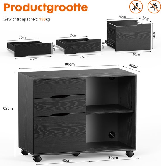 Houten archiefkast met 3 laden, kantooropbergkast met mobiele