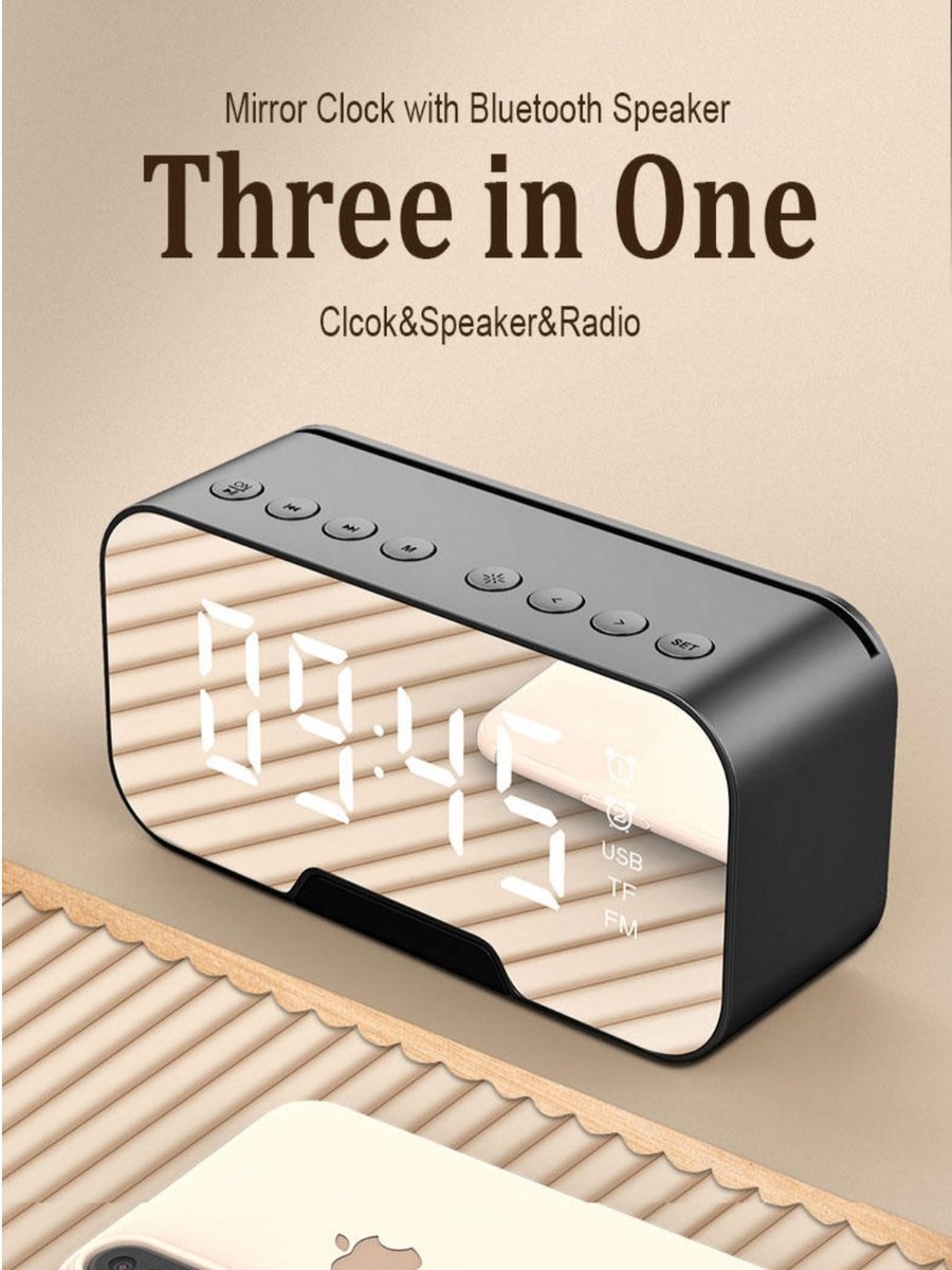 Digitale wekker met bluetooth speaker, radio, spiegel en TF ingang.