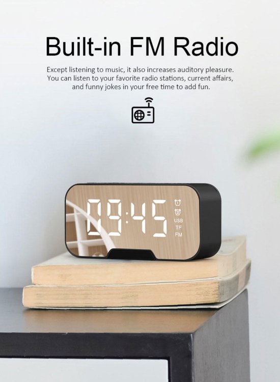 Digitale wekker met bluetooth speaker, radio, spiegel en TF ingang. — afbeelding 3
