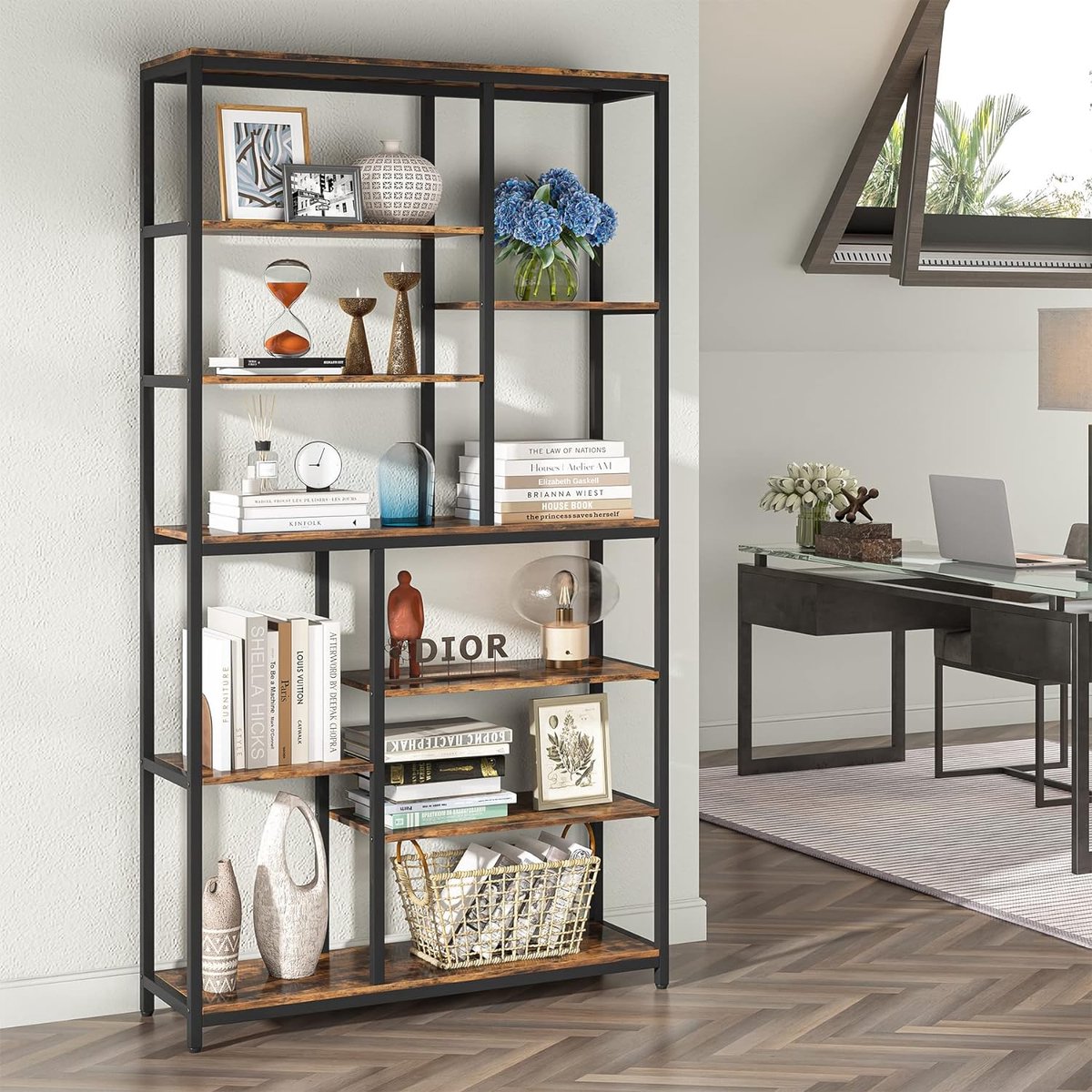 TRIBESIGNS - Boekenkast - Boekenrek met 8 Planken - Industrieel - Spaanplaat - Bruin/Zwart - 100 x 30 x 200 cm