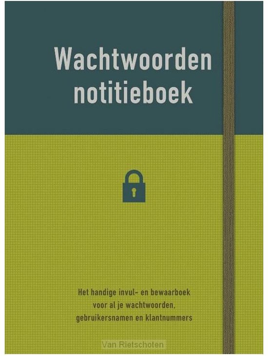 Wachtwoordennotitieboek met groen-blauwe kaft, slot-icoon en vermelding van Van Rietschoten onderaan.