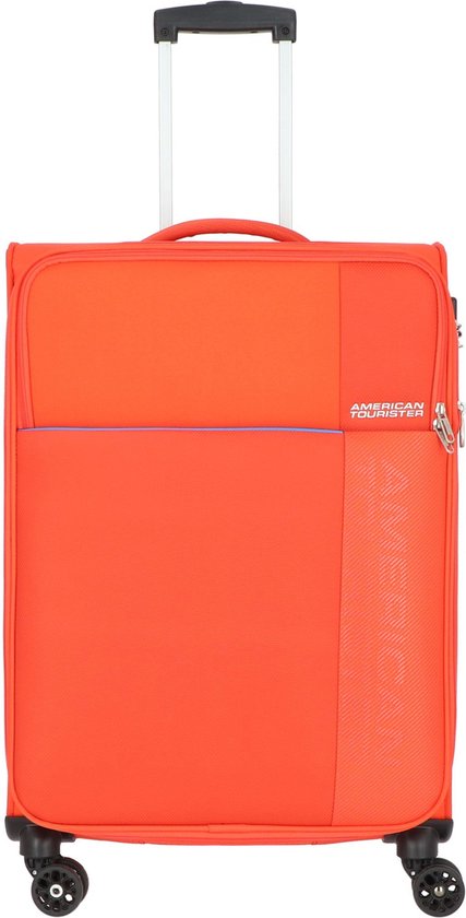 Oranje American Tourister koffer met twee tinten, ritssluiting, TSA-slot en wielen.