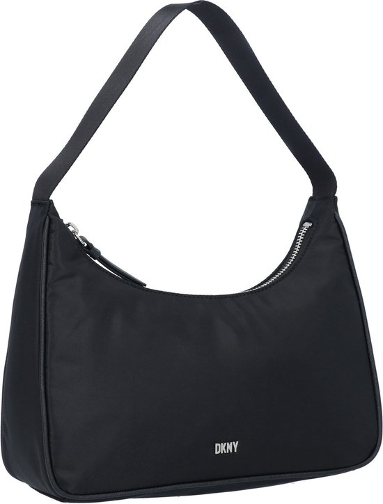 Zwarte DKNY schoudertas met zilverkleurig ritsdetail en een enkele band.